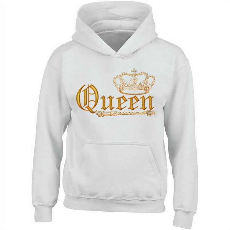 Gold Queen Crown Printed Women's White Hoodie Sweatshirt Medium