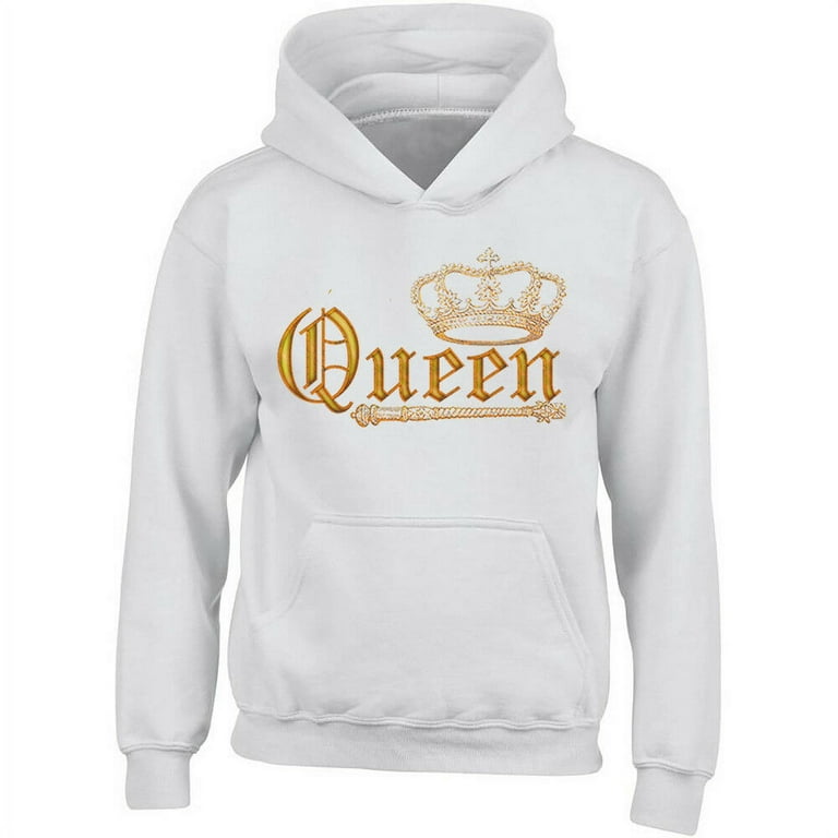 Gold Queen Crown Printed Women's White Hoodie Sweatshirt Small
