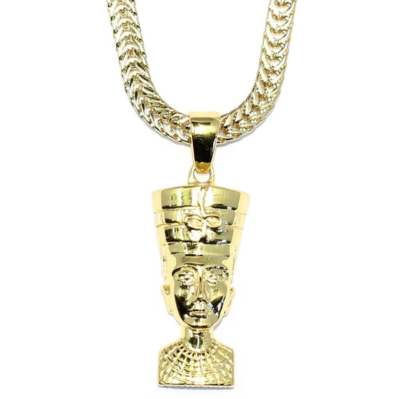 Gold Queen Nefertiti Pendant with 18 kt Gold Flat Franco Box Chain