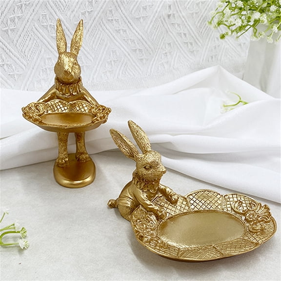 Gold Rabbit Jewelry Tray Stand, Easter Bunny Ring Dish Decor for Women, Standing Figurine Trinket Bowl, Dresser Organizer