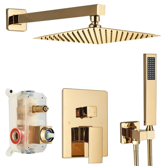 Gold Rainfall 12" Shower Head Combo Set System Faucet Kit with Wall Mixer Valve