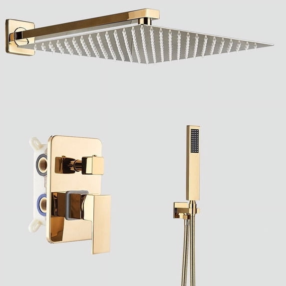 Gold Rainfall 12" Shower Head Combo Set System Faucet Kit with Wall Mixer Valve