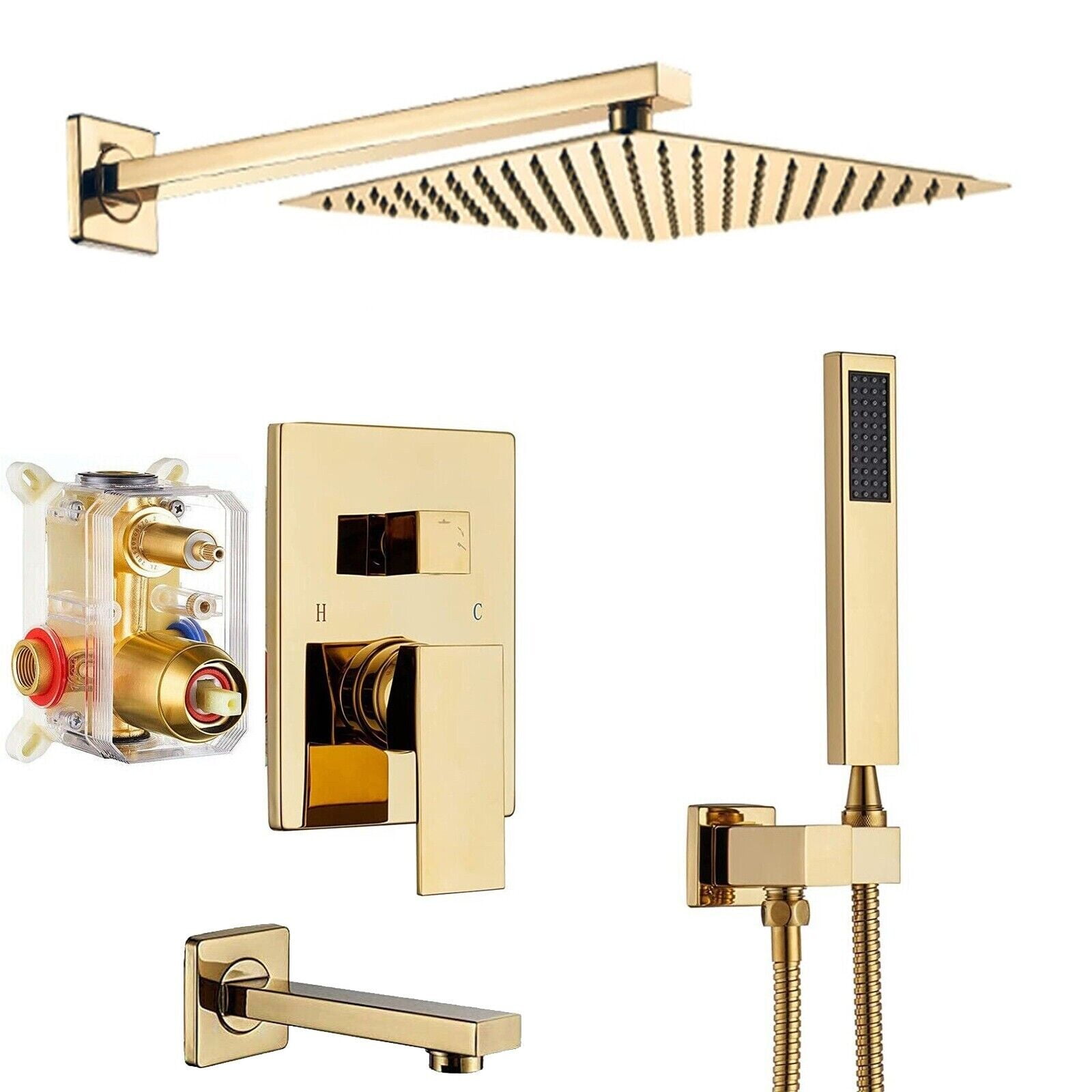 Gold Rainfall 12" Shower Head Combo Set System Faucet Tub Spout with Mixer Valve