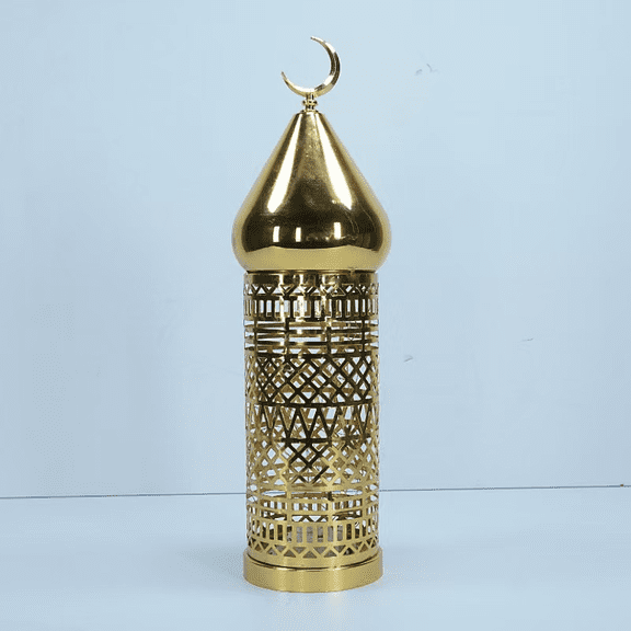 Gold Ramadan Lanterns, Metal Decorative Vintage Lanterns with Crescent Moon, Electroplated Iron Eid Mubarak Present for Tabletop Decor, Living Room, 11.8-14.2 in / 30-36 cm Height