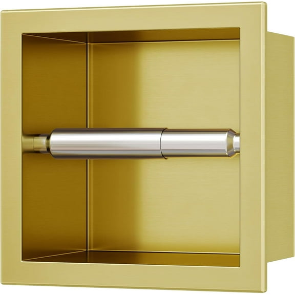 Gold Recessed Toilet Paper Holder, 304 Stainless Steel Built-in Tissue Paper Roll Holder, Roll Paper Holder for Bathroom Wall