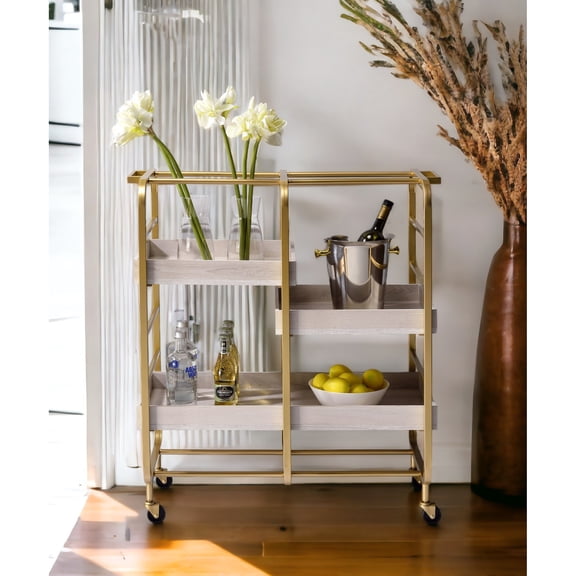 Gold Rectangular Cart with Wood Trays | 3 Adjustable Shelves, Open Design | Good for Kitchen Storage, Style