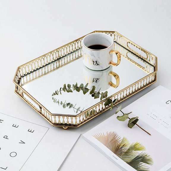 Gold Rectangular Serving Tray with Mirrored Lining, Decorative Jewelry Display Tray