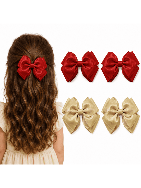 Gold Red Glitter Hair Bows for Girls | Delicate Satin Alligator Clip Set Sparkling Hair Accessories for Toddlers, Kids & Women, Ideal for Birthday Gifts, Wedding Parties, Christmas Celebrations &
