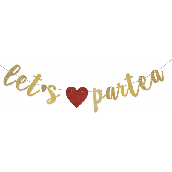Gold Red Glitter Let's Party Banner, Heart Garland for Birthday Bachelorette Wedding Holiday Party Wall Decor Supplies