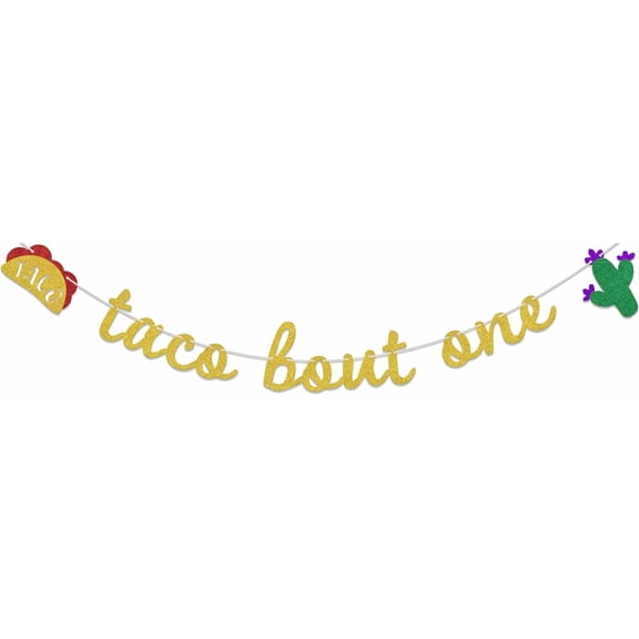 Gold Red Green Glitter Taco Bout One Banner with Taco & Cactus Cutouts, Mexican Fiesta Taco Themed 1st Birthday Party Decorations