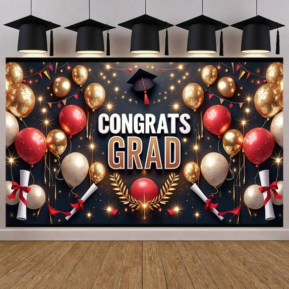 Gold Red Theme Graduation Banner Sparkling Design Congrats Grad Display Glittery Balloons Laurel Wreath Accent Graduation Backdrop for Graduation Party Grad Ceremony Graduation Photo Shoot