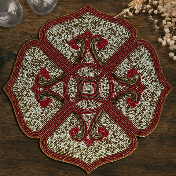 Gold Red White Beaded Placemats Set of 2 for Dining Coffee Table Scratch Heat Stain Resistant Charger Kitchen Decor Durable Tablemats - Fall Autumn Thanksgiving Holiday - 15 Inches