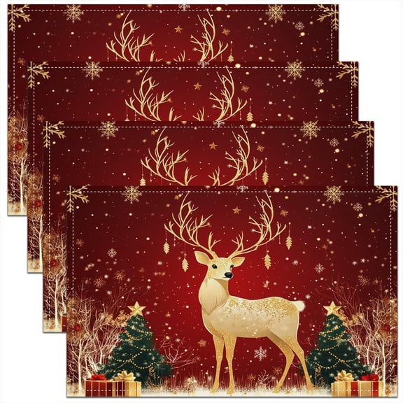 Gold Reindeer 4 PCS of Placemats 12x18 Christmas Tree Place Mat for Dining Table Elk Gift Box Stars Xmas Non Slip Table Mats Deer Snowflakes Sequins Red