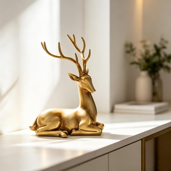 Gold Reindeer Figurine, Plastic Sitting Deer Statue, Elegant Home Decor Sculpture for Christmas Gift Housewarming and Office Desk