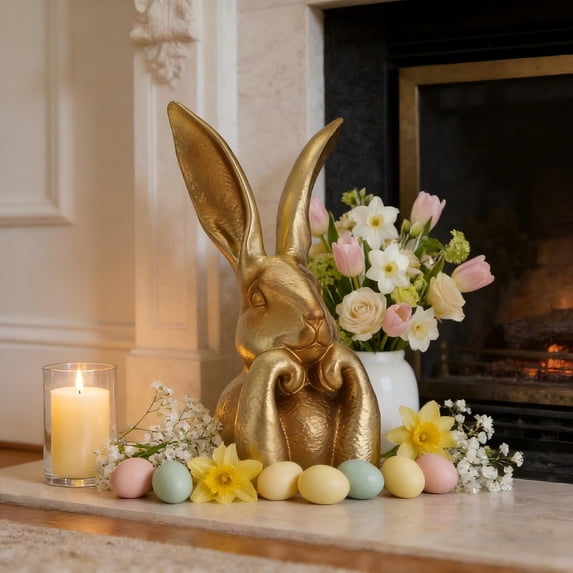 Gold Resin Bunny Statue, 8 Inch Easter Table Centerpiece, Spring Rabbits Decoration, Rabbit Figurines Decorative Sculpture Collectibles Gift for Home Indoor Decor