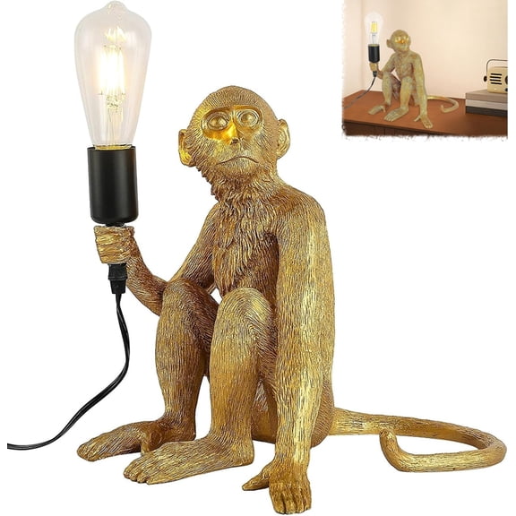 Gold Resin Monkey Desk Lamp, 110V Artistic Animal Table Light for 30-60W E26 Bulb, Sitting Monkey Lamp for Home Office Living Room Decor(RL Gold Table Lamp 1 PC)