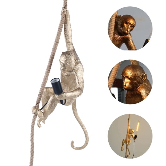 Gold Resin Monkey Pendant Light with Adjustable Rope, E26 Retro Ceiling Hanging Lamp for Dining Bedroom