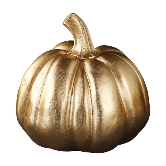 Gold Resin Pumpkin Ornament, 4.9 in Harvest Thanksgiving Table Decor, Glam Halloween Desktop Trinket for Home, Office Desk