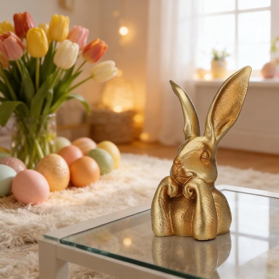 Gold Resin Thinking Bunny Easter Decoration 13.58 Inch Large Rabbit Statue for Home Table Centerpieces Living Room Shelf Mantel Decor