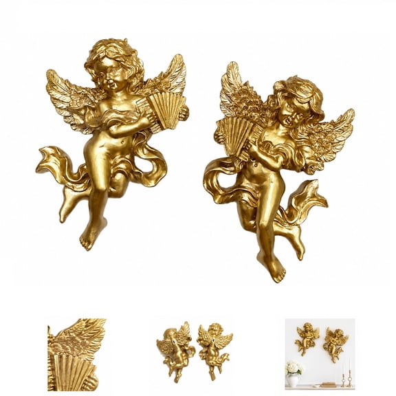 Gold Resin Winged Angel Wall Sculptures, 2Piece Cherub Figurines, 5.3Inch Tall Adorable Angelic Ornaments for Wedding, Home Decor and Wall Hanging