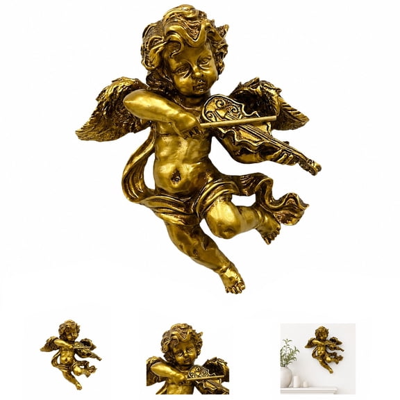 Gold Resin Winged Angel Wall Sculptures, 2Piece Cherub Figurines, 5.3Inch Tall Adorable Angelic Ornaments for Wedding, Home Decor and Wall Hanging