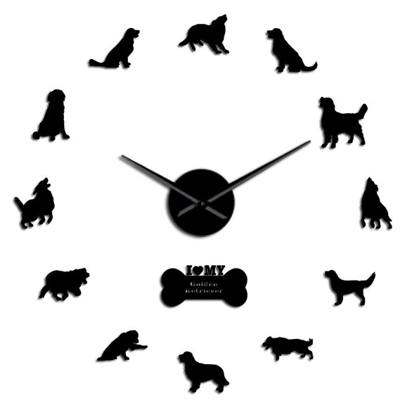 Gold Retriever Wall Clock Dog Pet Mirror Wall Stickers DIY Giant Wall Clock Retriever Dog Artwork Animal Frameless Wall Watch(Black,27inch)