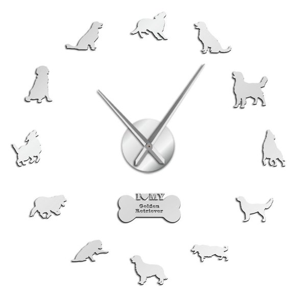 Gold Retriever Wall Clock Dog Pet Mirror Wall Stickers DIY Giant Wall Clock Retriever Dog Artwork Animal Frameless Wall Watch(Silver,27inch)
