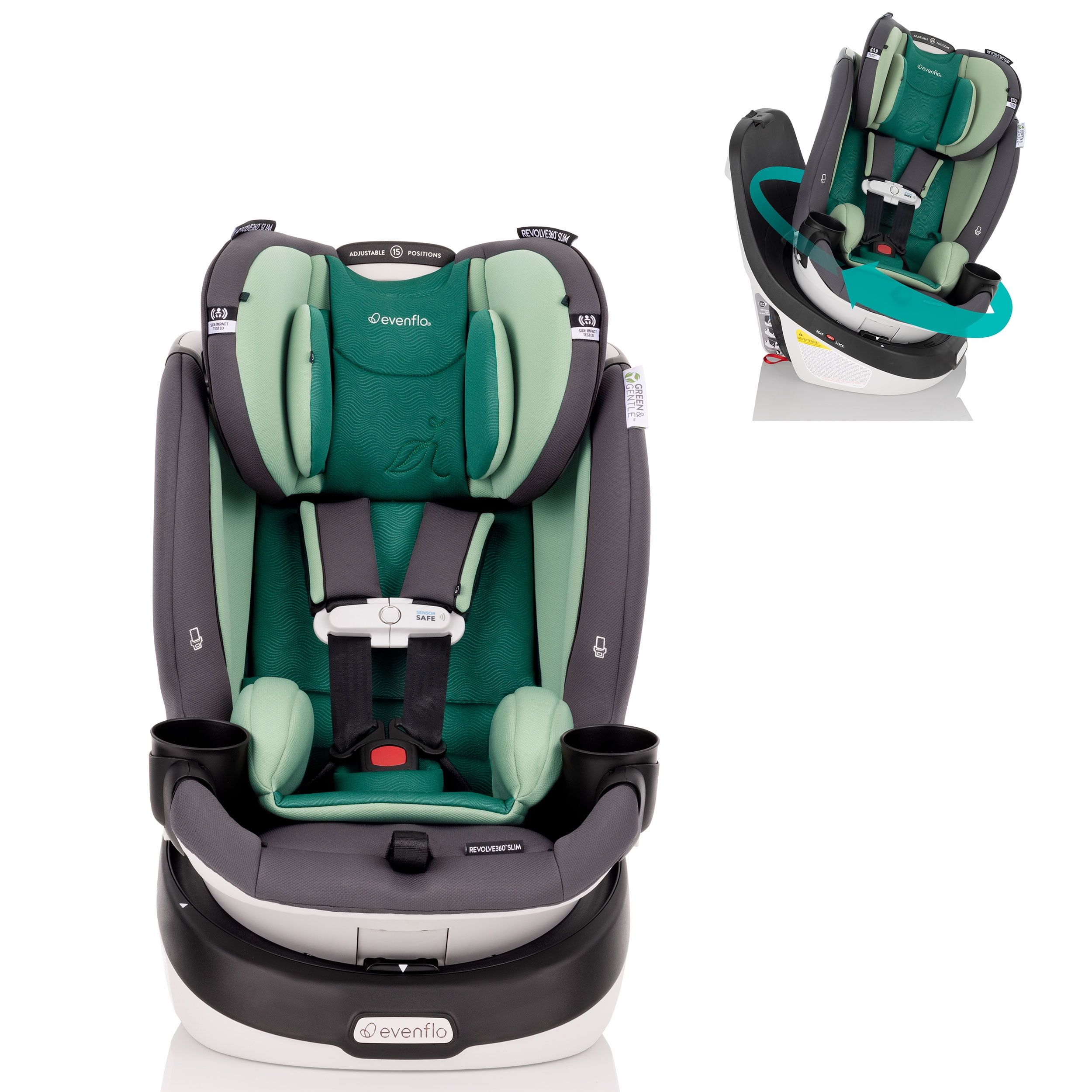 Evenflo Gold Revolve360 2in1 Slim Car Seat, Green Fabric (Peridot