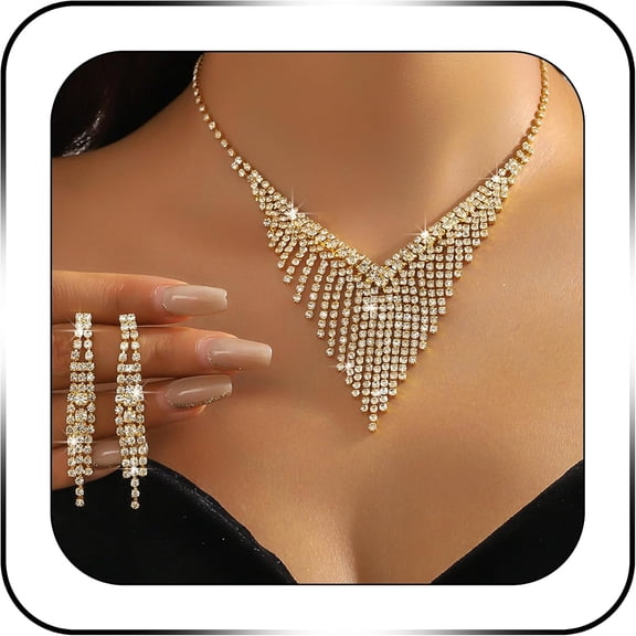 Gold Rhinestone Best Jewelry Set Tassel Necklace Earrings Set Glitter Crystal Tassel Dangle Earrings Wedding Prom Formal Costume Jewelry Accessories for Bride Women[h663]