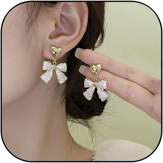 Gold Rhinestone Bow Dangle Earring for Women Black White Crystal Rhinestone Heart Bowknot Earings Wreath Flower Peal Bowknot Stud Earring Trendy Christmas Jewelry Gifts