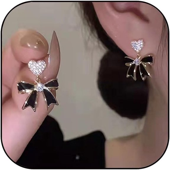 Gold Rhinestone Bow Dangle Earring for Women Black White Crystal Rhinestone Heart Bowknot Earings Wreath Flower Peal Bowknot Stud Earring Trendy Christmas Jewelry Gifts