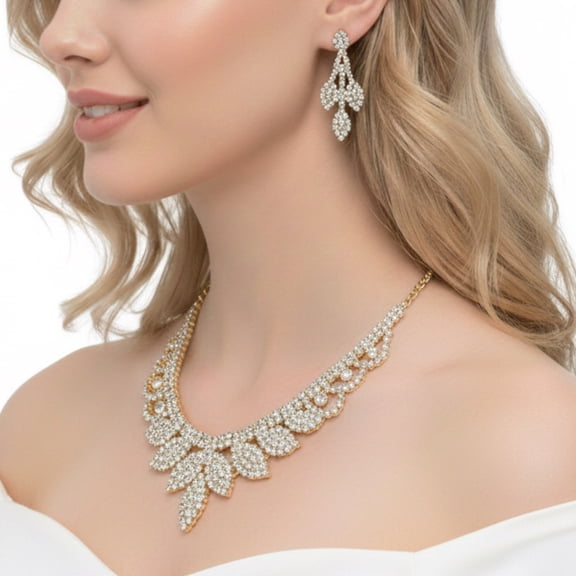 Womens Gold-Tone Clear Rhinestone Statement Necklace and Chandelier Earrings Set, 14-Inch Floral Leaf Bib Necklace with 3-Inch Extender
