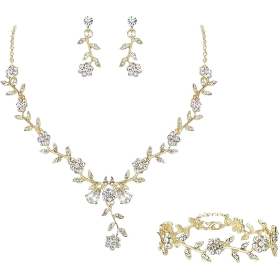 Gold Rhinestone Floral Jewelry Set Including Necklace Earrings And Bracelet With Gold Metal Coating For Weddings And Formal Occasions