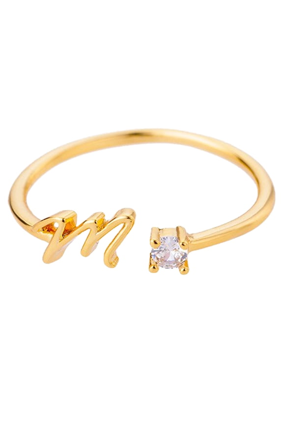 Gold Rhinestone Initial Letter Ring Elegant Open Design Jewelry For Women Stylish Alphabet Band Sparkling Cubic Zirconia