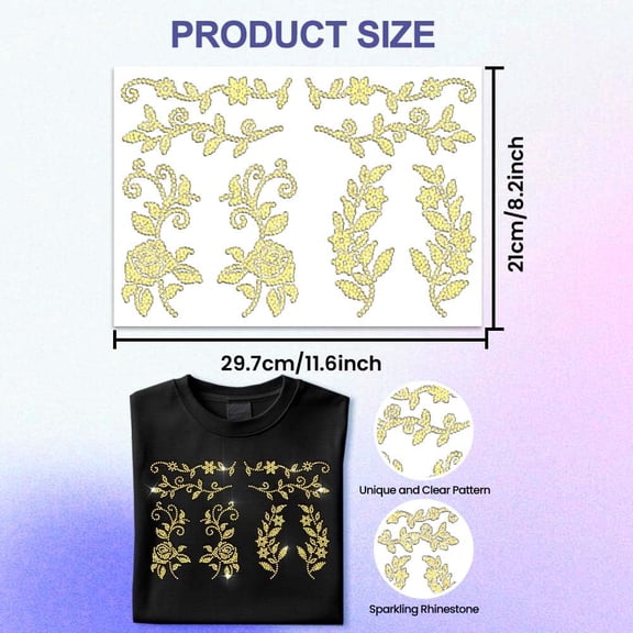 Gold Rhinestone Iron on Transfer Golden Flower Border Bling Diamond Hotfix Patches for Clothes 11.6"x8.2" Large Iron On Sequin Applique for Jeans Jacket Caps Bag T-Shirts Shoes DIY Decor