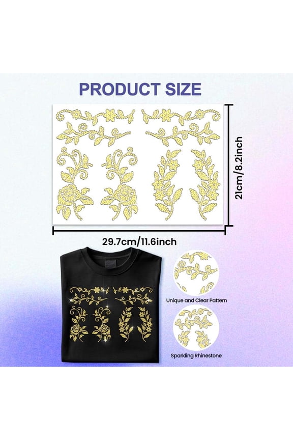 Gold Rhinestone Iron on Transfer Golden Flower Border Bling Diamond Hotfix Patches for Clothes 11.6"x8.2" Large Iron On Sequin Applique for Jeans Jacket Caps Bag T-Shirts Shoes DIY Decor