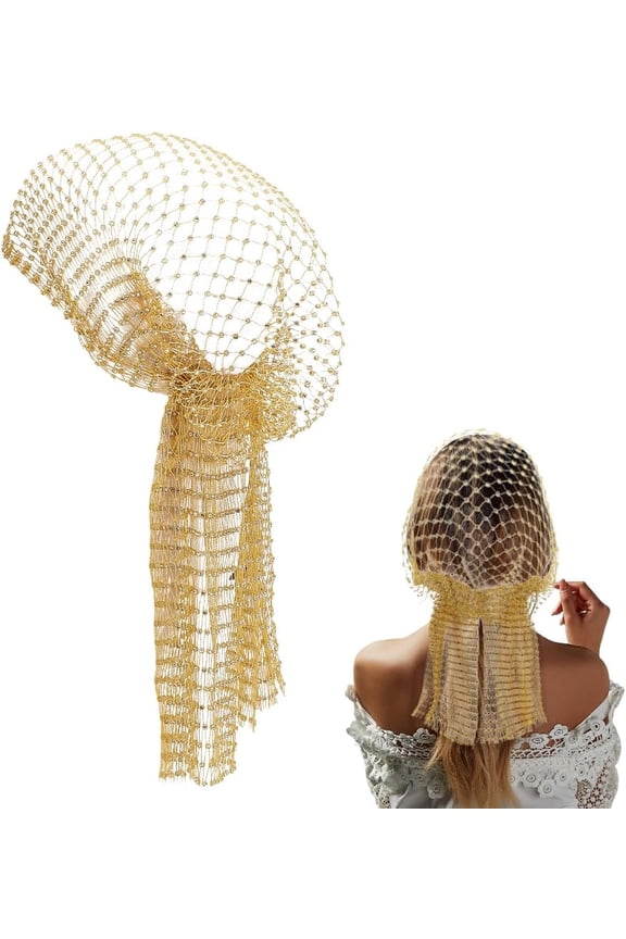Gold Rhinestone Mesh Headband for Women Stretchy Glitter Headwrap Hollow Out Hairband for Nightclubs Gatsby Costumes