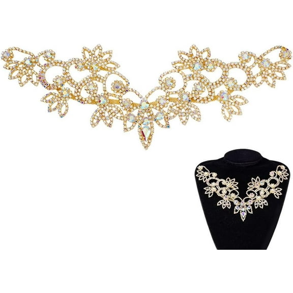 Gold Rhinestone Patch Flower Applique Wedding Sew on Patch for Bridal Dress Clothes DIY Embellishments 10.4x3.5inch Golden