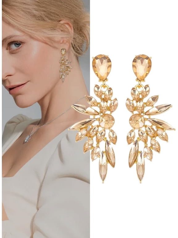 Gold Rhinestone Statement Earrings Cluster Crystal Drop Fashion Drop Dangle Earrings Teardrop Chandelier Earring Jewelry Gifts for Women Parties Weddings and Daily Wear