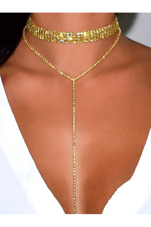 Gold Rhinestone Y-Lariat Choker Necklace With Double Strand And Chest Chain