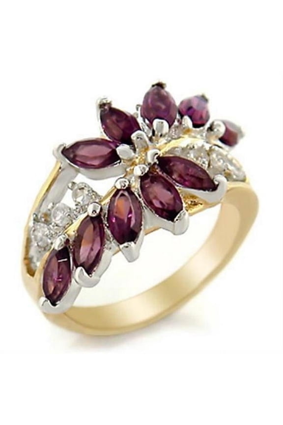 Gold & Rhodium Brass Ring with Top Grade Crystal, Amethyst - Size 5