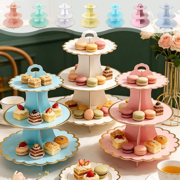Gold Rim 3-Tier Disposable Cardboard Cupcake Stand, Dessert Display Tower for Birthday Shower Party Food Decor, Easy Assembly, Pink