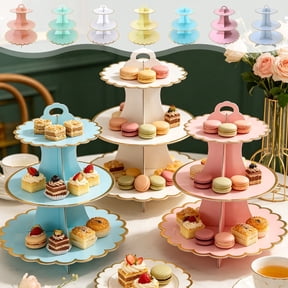 Gold Rim 3-Tier Disposable Cardboard Cupcake Stand, Dessert Display Tower for Birthday Shower Party Food Decor, Easy Assembly, Pink