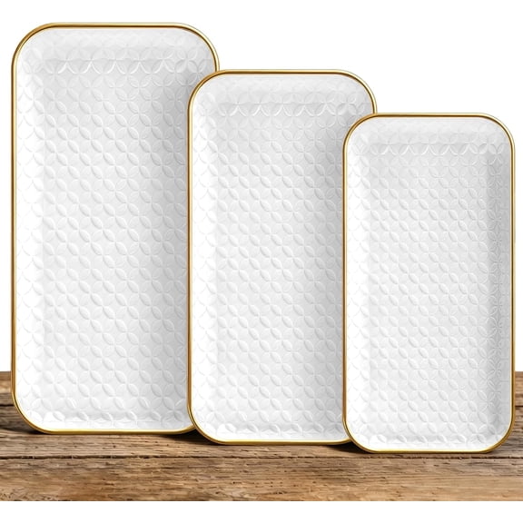 Gold Rim Ceramic Serving Platter 16/14/12 Decorative White Gold Serveware for Parties Entertaining Elegant Serving Dishes Platters for Serving Food Rectangular Large