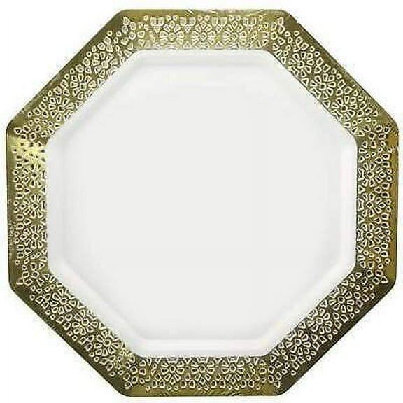 Gold Rim Lacetagon 11" Disposable Pretty Pearl Plate For All Occasions 10 Count