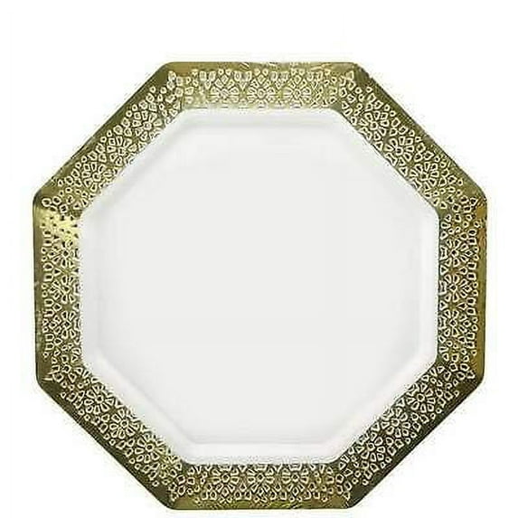 Gold Rim Lacetagon 9.25" Disposable Pretty Pearl Plate For All Occasions 10Count