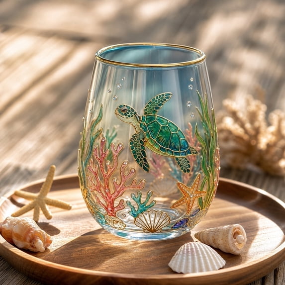 Gold Rim Ocean Print Crystal Tumbler 420ml Man Cave Bar Decor Drink Cup Birthday Housewarming Present