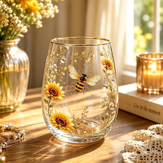 Gold Rim Stemless Glass Tumbler, 14oz Sunflower Bee Printed Decorative Glass Cup for Tea Wine Water Home Table Decor Gift