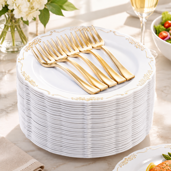 Gold Rim White Heavy Duty Dessert Plates Forks Wedding Set