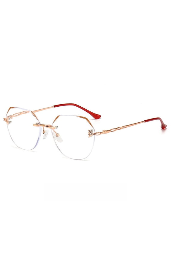 Gold Rimless Blue Light Blocking Reading Glasses for Women Metal Glitter Lens Polygon Fashion Readers +3.00